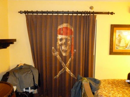 The curtain to the bathroom area is pirate themed too.